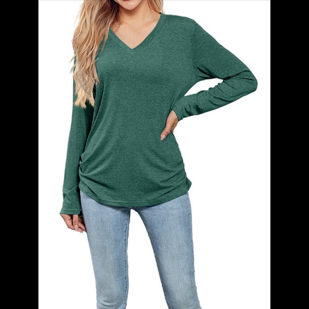 Camisas de Larga para Mujer, Cuello en V, Blusas Casuales, Sueltas, Elegantes, Básicas, Moda de Otoño, Conjuntos de Moda, Ropa de Invierno Verde S