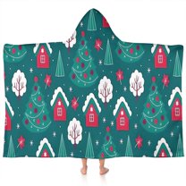 Dark Teal Christmas Village Pattern Hooded Bath Towel，60"x35" for Ages 3 To 12 Kids, Quick Dry Lightweight Soft Microfiber Hood Beach Towel Cover Up for Kids