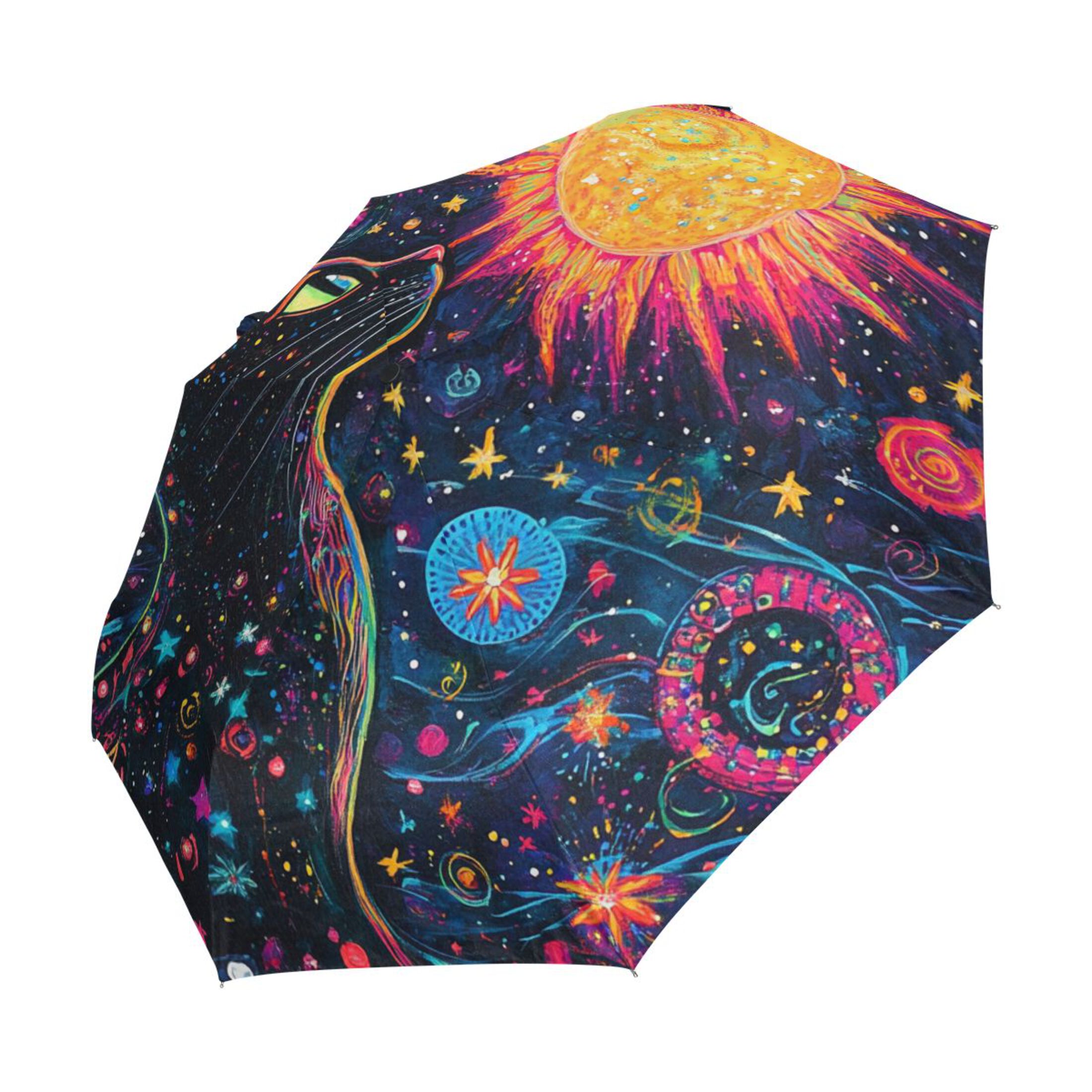 BZSMCE One-Touch Auto Open Close Rain Umbrella With Creative Cosmic Cat Pattern