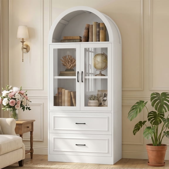 Arched Storage Cabinet with Tempered Glass Doors & 2 Drawers, White