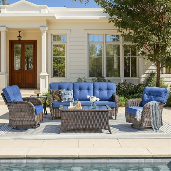 Unnifurnzi 5 Pieces Outdoor Furniture-Swivel Patio Chairs Set of 2 with Outdoor Side Table Patio Conversation Sets for Deck Porch Garden Balcony Poolside-Brown/Blue