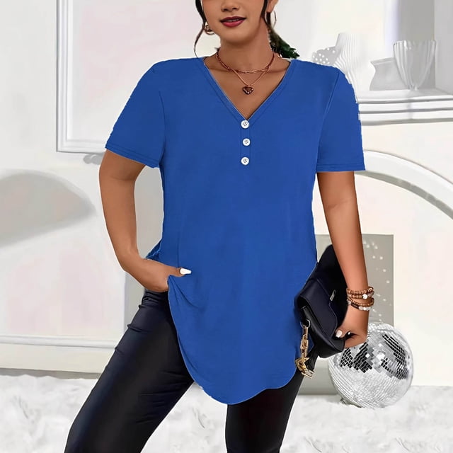 Neewe Plus Size Tops for Women Summer V Neck Short Sleeve Tee Shirts Button Casual Loose Fit Blouse Multiple Color Options