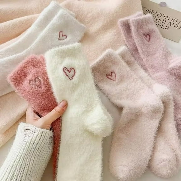 ROHAJSHOP 5 Pairs Heart Embroidery Socks, Cute & Warm Fluffy Thick Socks Women's Stockings &Hosiery Soft Ankle Socks Fit Fuzzy Stretchy Everyday Embroidered