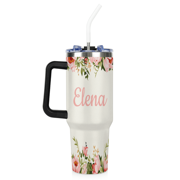 40 Oz Insulated Coffee Cup with Handle and Straw,Stainless Steel Reusable Thermal Travel Coffee Mug,Customized Water Bottle with Name
