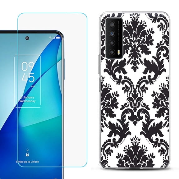 Slim-Fit Gel TPU Phone Case for TCL Stylus 5G, with Tempered Glass Screen Protector, by OneToughShield ® - Victorian White/Black