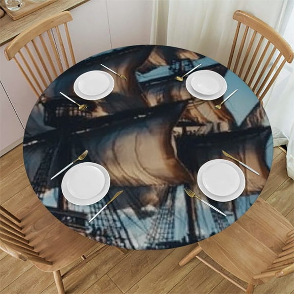 Cool Pirate Ship Fitted Round Tablecloth Elastic Table Cover Table Cloth Table Cover Room Party