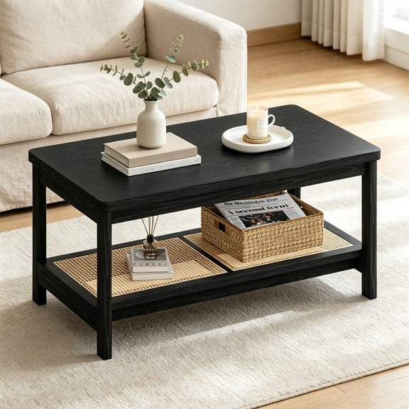 Rattan Coffee Table, 39 Inch Wood 2 Tier Rectangular Center Table with Storage Shelf for Living Room