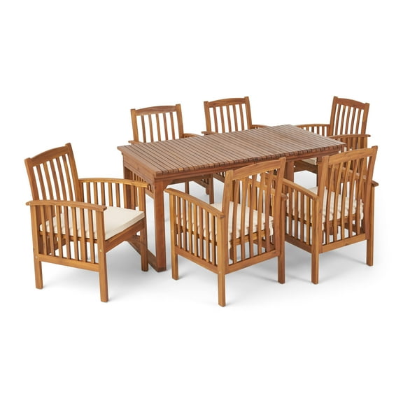GDF Studio Cassia Outdoor Acacia Wood 7 Piece Expandable Dining Set with Cushion, Brown and Cream