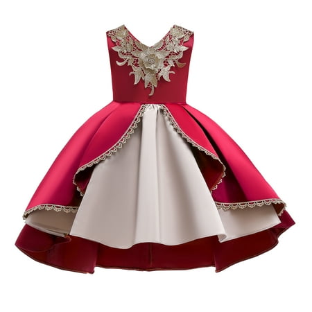 

OLLUISNEO 3-4 Years Toddler Baby Girls Dress Suspender V-Neck Floral Layer Party Formal Dress Red