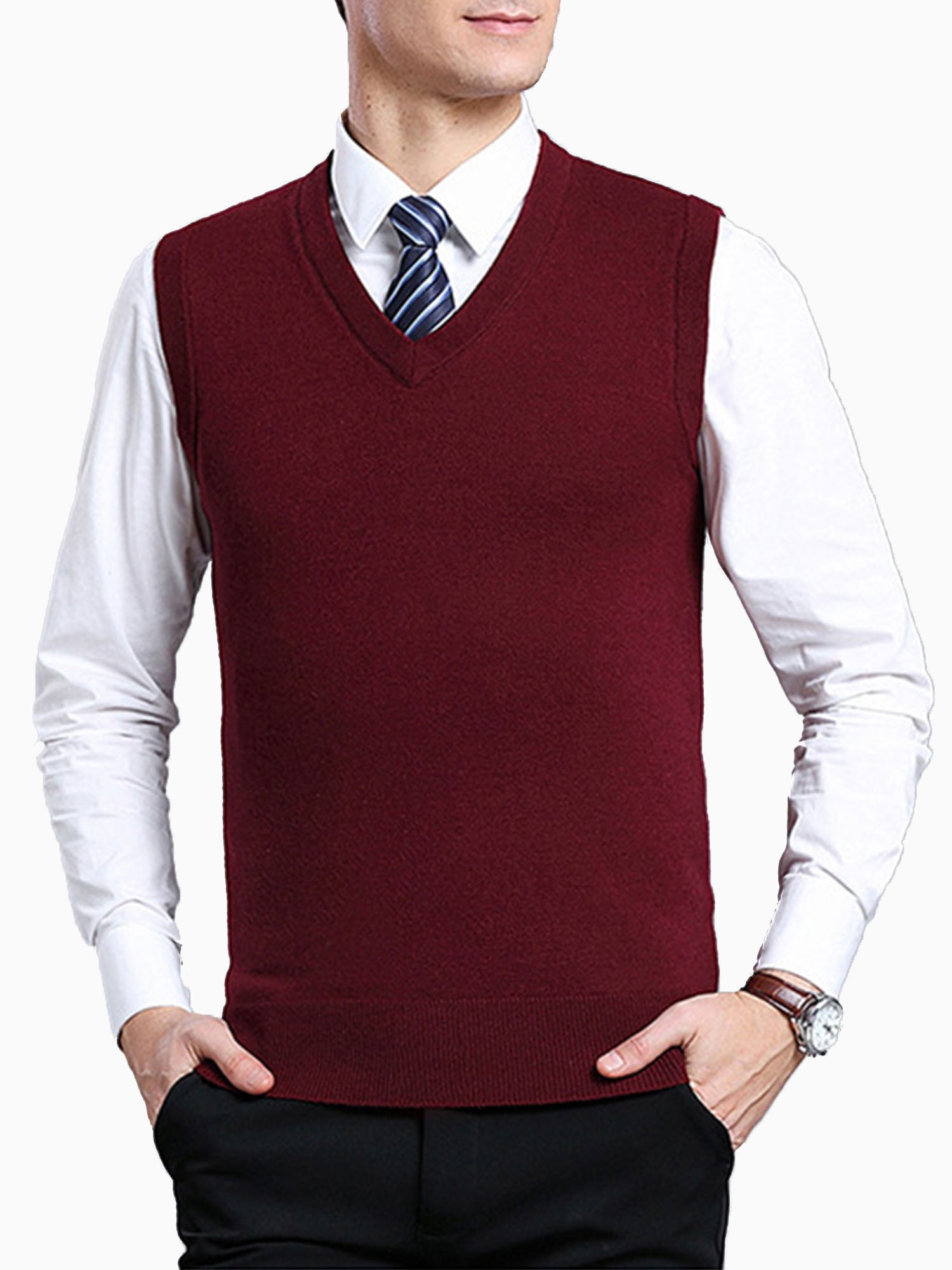 Men's Solid Sweater Vest with Ribbed Edge Relaxed Fit V-Neck