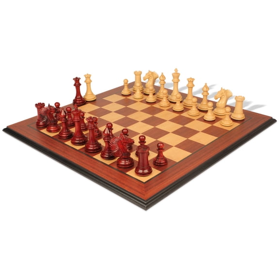 Copenhagen Staunton Chess Set Padauk & Boxwood Pieces with Padauk & Bird's Eye Maple Molded Edge Board - 4.5" King