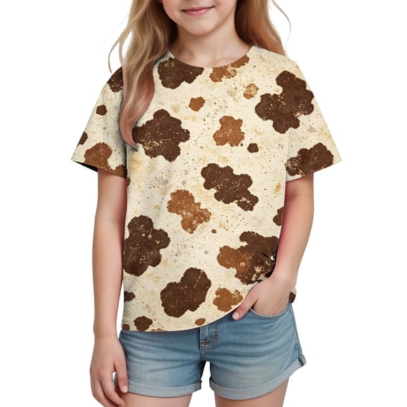 Kids Girls Vintage Cow Print T-Shirts Retro Western Graphic Tees Short Sleeve Casual Tops Animal Spotted Pattern Crewneck Shirts for Summer Everyday Wear