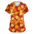 thumbnail image 2 of LNZGNM Plus Size Women's Scrub Top V neck Short Sleeve Loose Fit with Floral Leaf Print Working Uniform Blouse Working Tops,Vermilion(XXXXL), 2 of 6