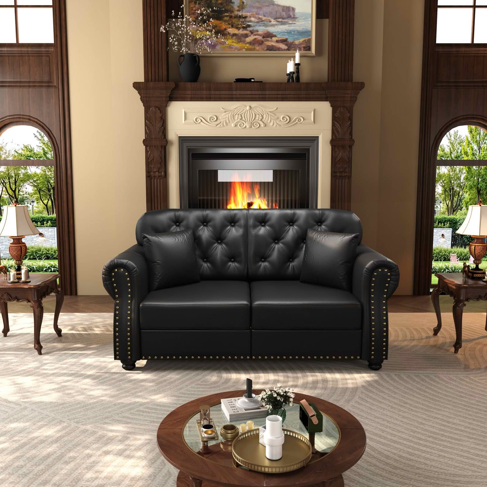 MAYEERTY 63" Upholstered Faux Leather Loveseat Sofa with 2 Ottomans, Mid‑Century Modern Chesterfield Couch with Button Tufted, Nailhead Trim & Rolled Armrests, Includes 2 Pillows
