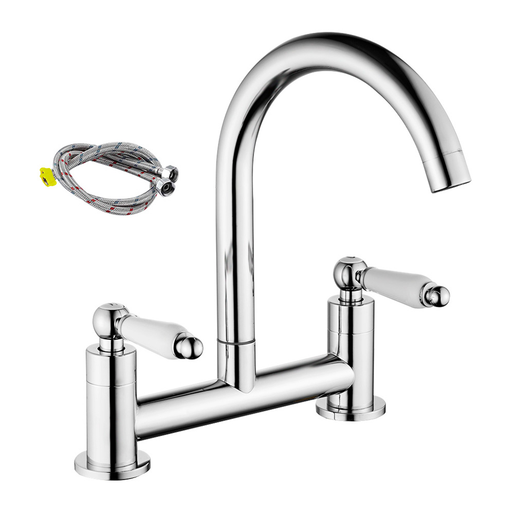 Miuline Kitchen Sink Mixer Taps 2 Hole Chrome Brass Deck Mounted Double Handle Faucet 360° Swivel Spout Traditional Kitchen Sink Taps for Kitchen， Bathroom， Toilet - image 1 of 7