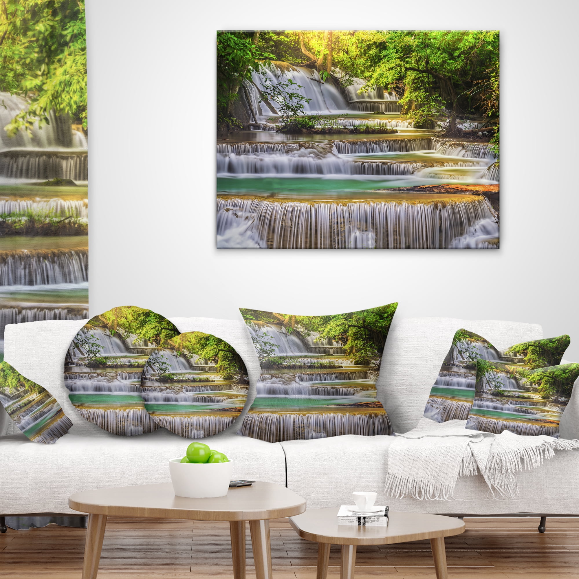 Designart Tranquil Erawan Waterfall - Landscape Printed Throw Pillow - 16x16