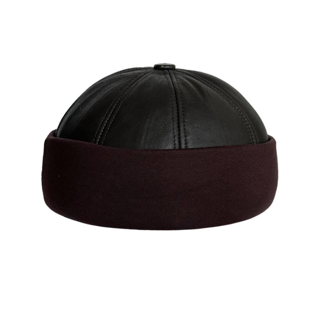 Handmade  Sheepskin Leather Fur Knit Beanie Cuff Round Bucket Ski Docker Hat, Dark Brown