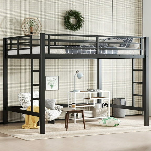 YDSM Queen Size Metal Loft Bed, Loft Bed with Easy Climbing Ladder and Guardrails , Black
