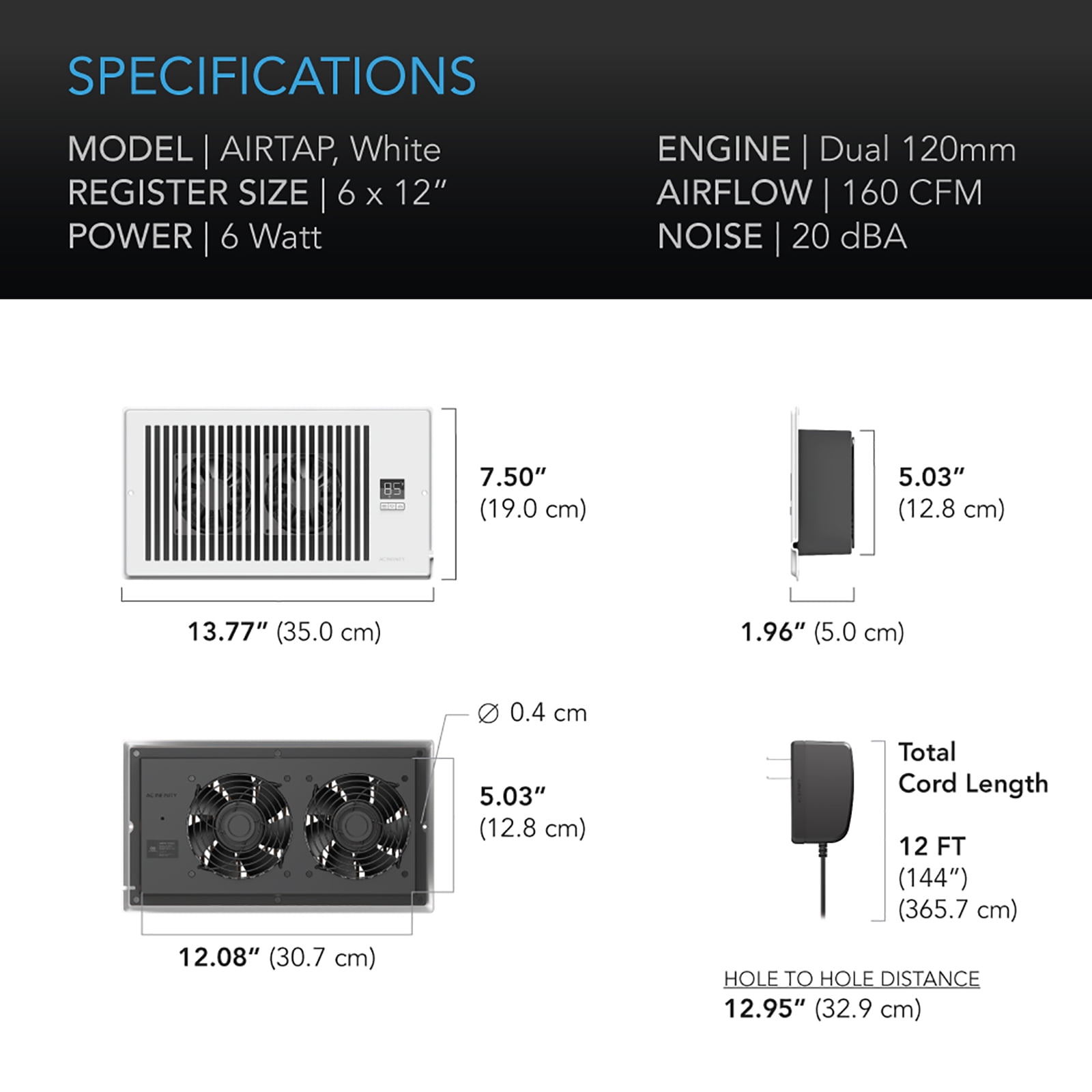 AC Infinity AIRTAP T6 White, Register Booster Fan for 6” x 12” Register Holes, Improves Heating & Cooling Vents, Quiet 10-Speeds, Bluetooth App Control Data Alerts. ONLY FITS 6” x 12” DUCT OPENINGS