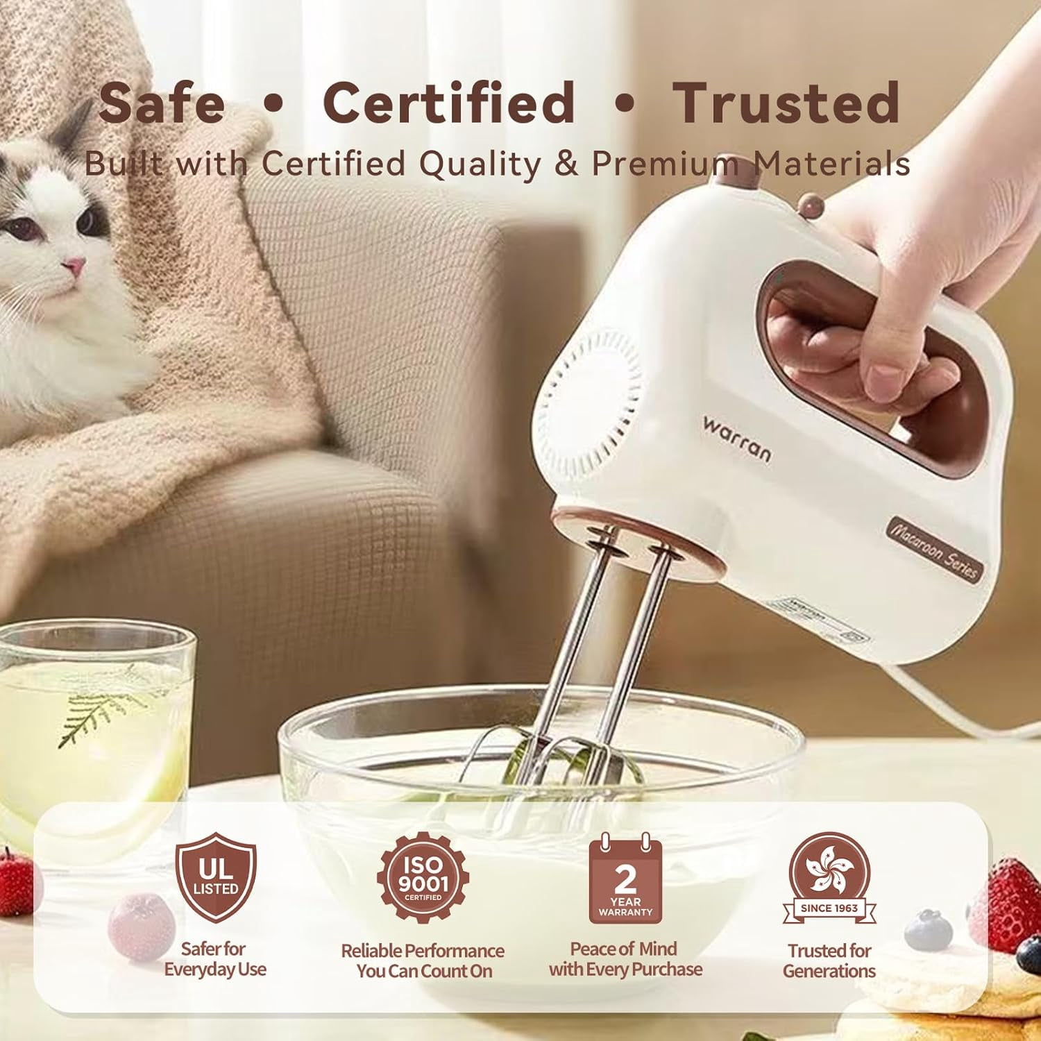 300W Compact Lightweight Electric Hand Mixer with Powerful Quiet  Motor for Baking Cake Brownies Cookie Dough Ideal for Home Kitchen White