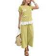 thumbnail image 6 of SGFCWSX Girls 2 Piece Outfits Bow Lace Hem Short Sleeve Tops Wide Leg Capri Pants Summer Casual Clothes Set Yellow Size 8, 6 of 9