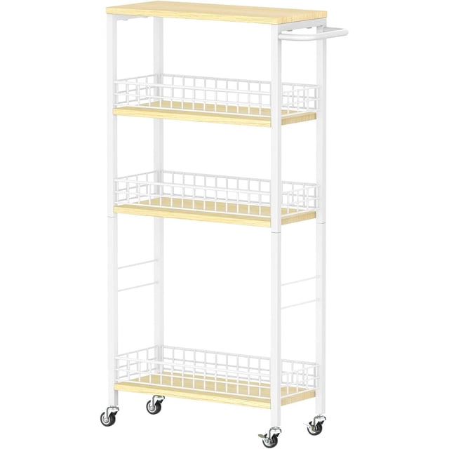 Slim Storage Cart Narrow Laundry Cart on Wheels Utility Kitchen Rolling Rack with Wood Tabletop Mobile Shelving Unit Bathroom Storage Organizer Slide Out Rolling Tower for Narrow S