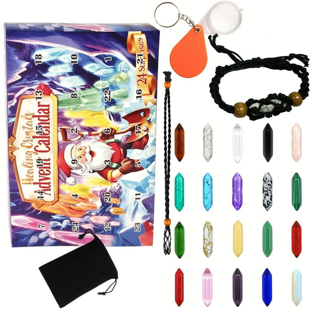 2024 24 Day Crystal And Healing Stone Set With Crystal Necklace Magnifier And Storage Bag Christmas Countdown Gift Set