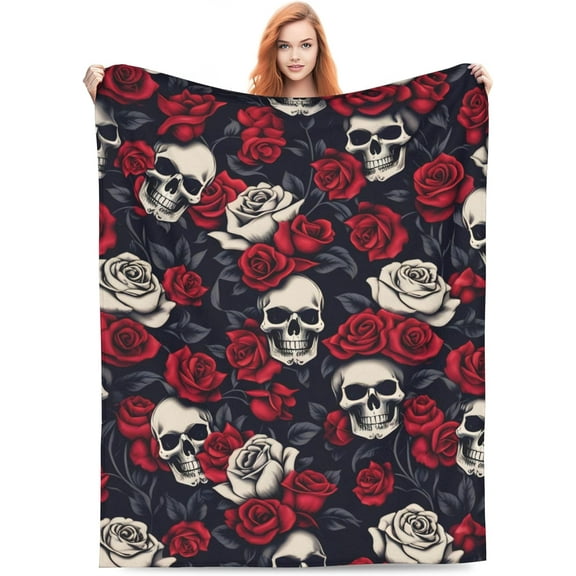 Kuscheln Skull Blanket Gifts for Kids Adults Soft Warm Lightweight Cozy Gothic Red Rose White Black Skulls Throw Blankets for Bed Living Room Sofa Couch Halloween Goth Decor