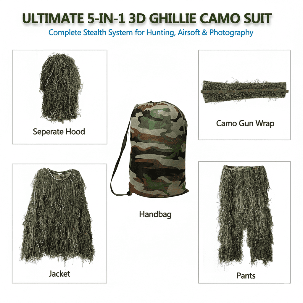 MOPHOTO 5 in 1 Ghillie Suit 3D Camouflage Hunting Suits - Jacket, Pants, Hood, Carry Bag for Adults & Youth, M/L/XL/XXL