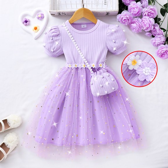 Girls Summer Short Sleeve Dress Embroidered Waistband Layered Mesh Tutu Ruffle Neckline Casual Swing Toddler Party OutfitPurple5-6 Years