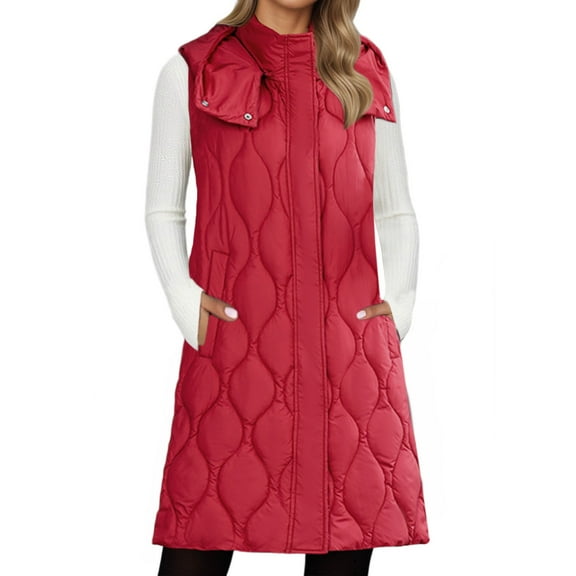 QHRMKOG Womens Long Puffer Vest Solid Color Zip Up Hooded Vest Casual Loose Fit Sleeveless Jackets Winter Warm Coats with Pockets Red 3XL