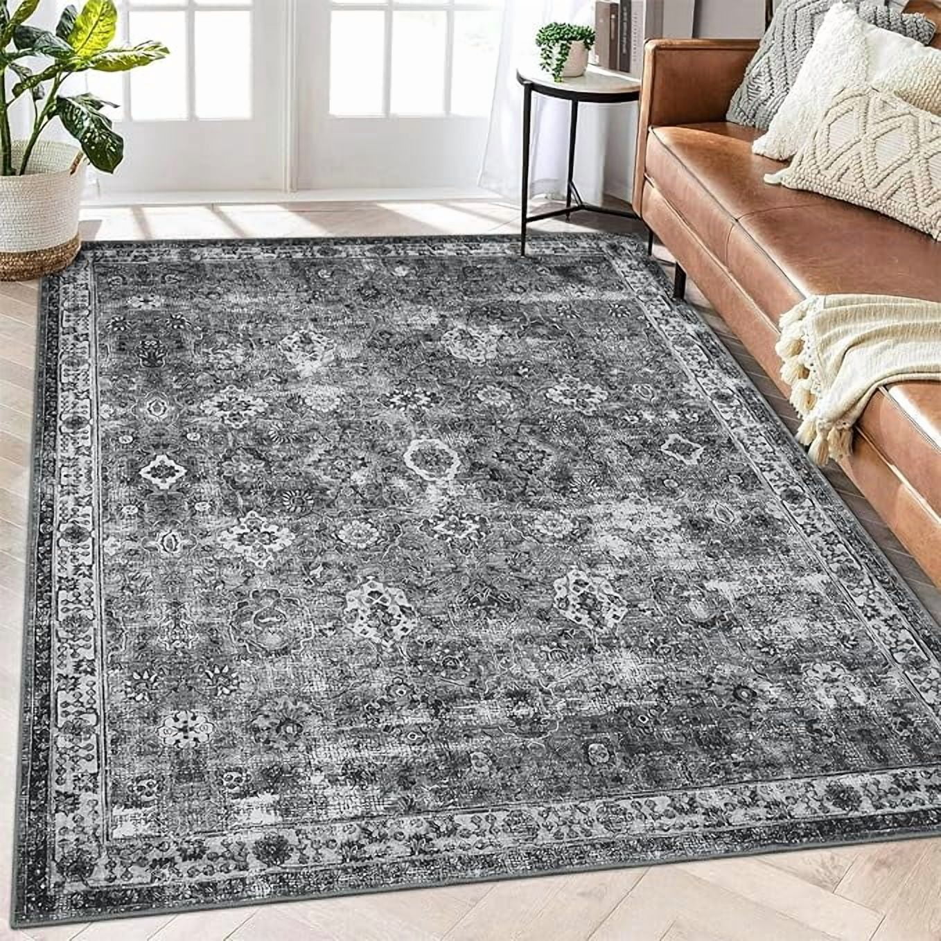 Vintage Floral 9x12 Rugs Reddish Brown Washable Area Rug for Bedroom Living Room Non Slip Boho Rug Thin Printed Faux Wool Soft Floor Carpet for Dining Room Nursery Playroom Indoor Office