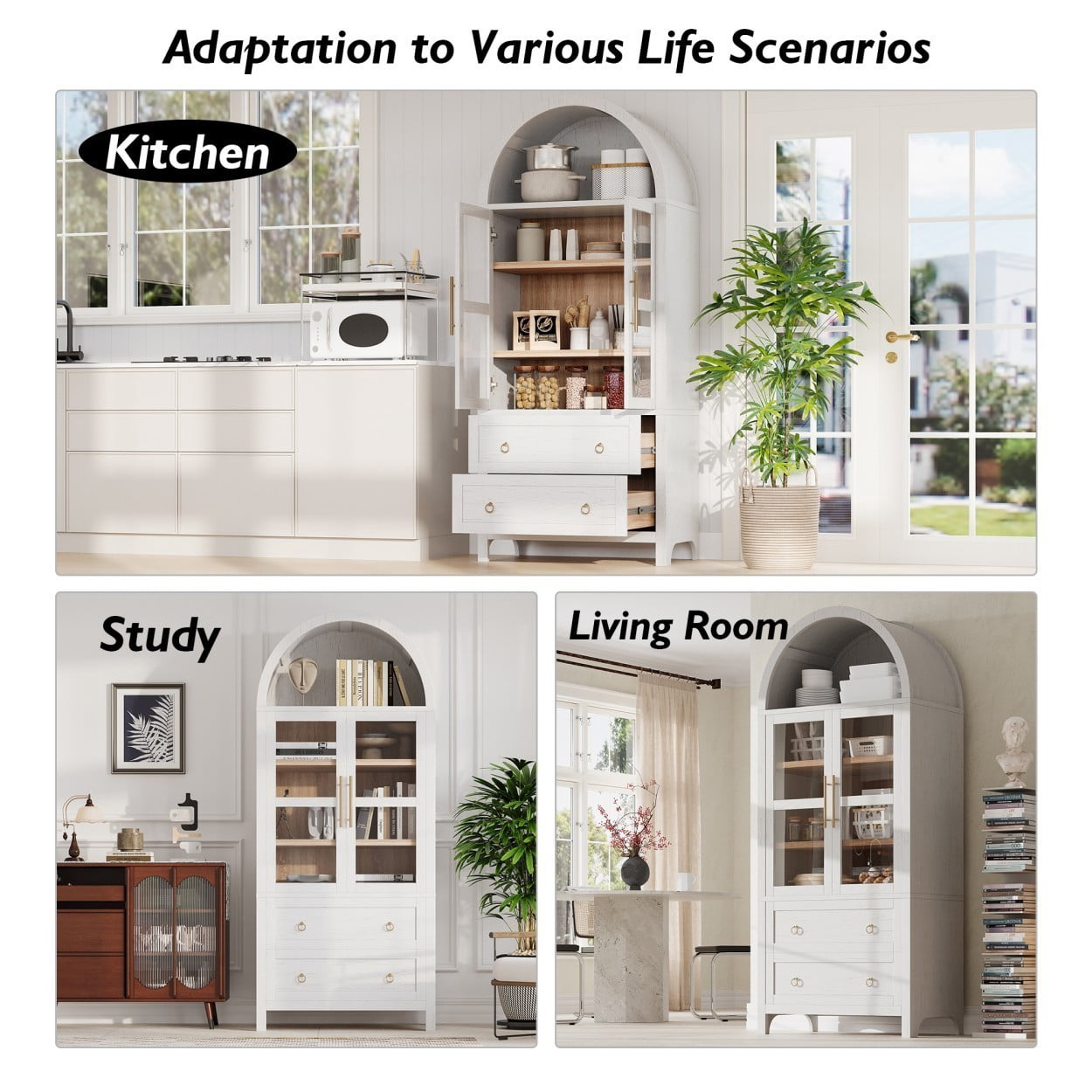 71" Tall Arched Kitchen Pantry Cabinet, Farmhouse Storage Cabinet with 2 Glass Doors, 2 Large Drawers, Adjustable Shelves, Freestanding Cupboard for Kitchen Dining Room, White