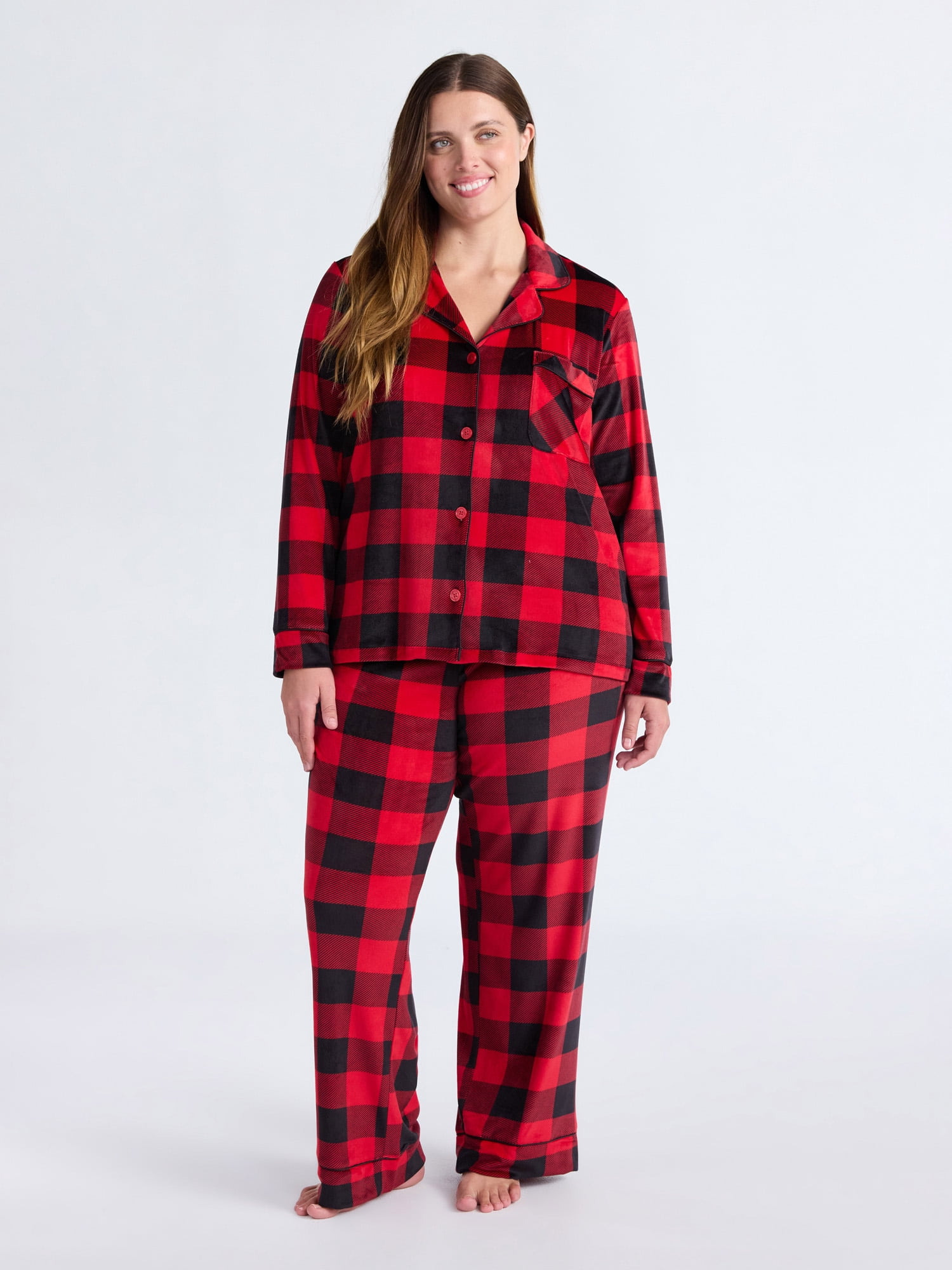 Joyspun Women’s Stretch Velour Notch Collar Long Sleeve Pajama Set, Sizes XS to 4X