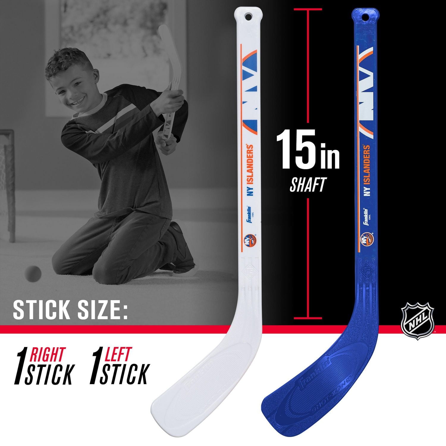 Franklin Sports Ensemble de mini hockey Islanders de la NHL – But de hockey intérieur pour enfants, ballon, 2 mini bâtons de hockey