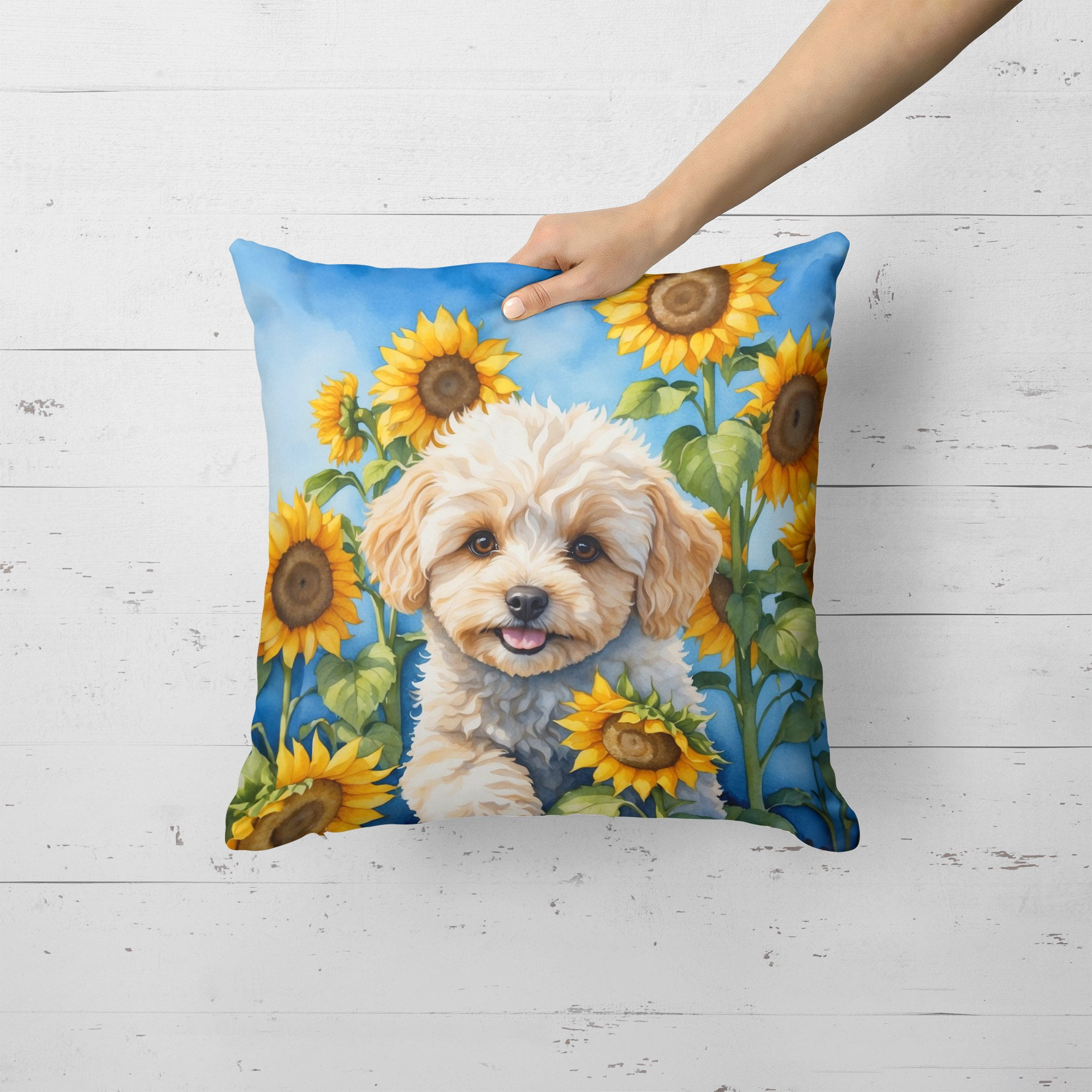 Maltipoo in Sunflowers Throw Pillow 18 in x 18 in