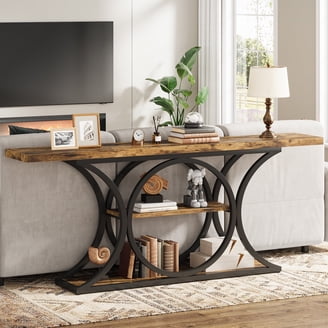 55 Inch Long Console Table With 3 Shelves - Industrial Entryway Sofa Table For Hallway, Living Room