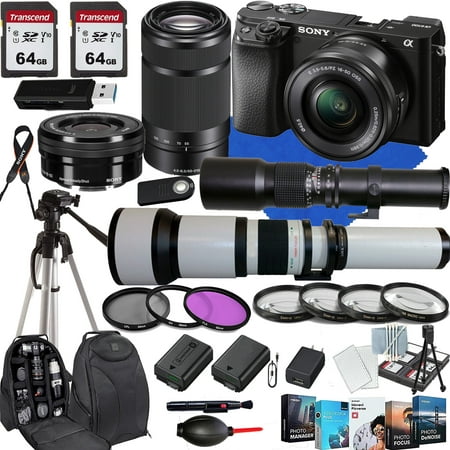 Image of Sony A6400 Mirrorless Camera with Sony E 16-50mm Lens+Sony E 55-210mm+500mm f/8.0 Telephoto Lens+650-1300mm f/8 Telephoto Zoom Lens+ 128Gig Momory Cards+Lens+Case+Photo Software(30PC)Bundle