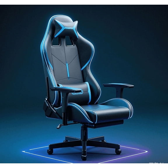 JONPONY Gaming Chair with RGB LED Lights, Ergonomic Computer Chair with Headrest and Lumbar Support, PU Leather High Back Height Adjustable Swivel Video Game Chairs for Adults，Blue