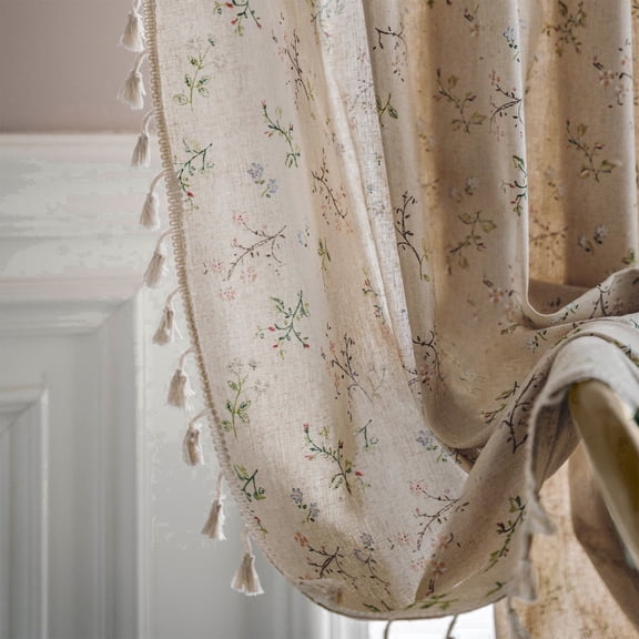 TURKIO 2 Panel Farmhouse Floral Linen Semi- Blackout Curtains,95 inches, Beige,for Living Room