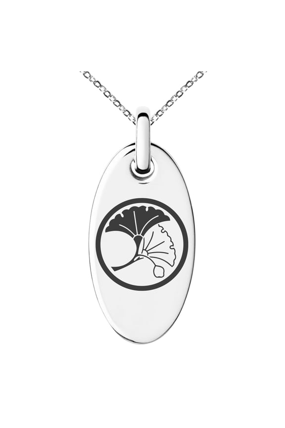 Stainless Steel Yin Yang Ginkgo Leaves Kamon Crest Engraved Small Oval Charm Pendant Necklace