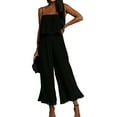 thumbnail image 4 of hopeusnice Women's Elastic High Waist Romper Overalls Shorts Solid Color Jumpsuits Fashion Summer Casual Beach Pants Wrinkled Layer Backless Workout Vacation Black M, 4 of 7