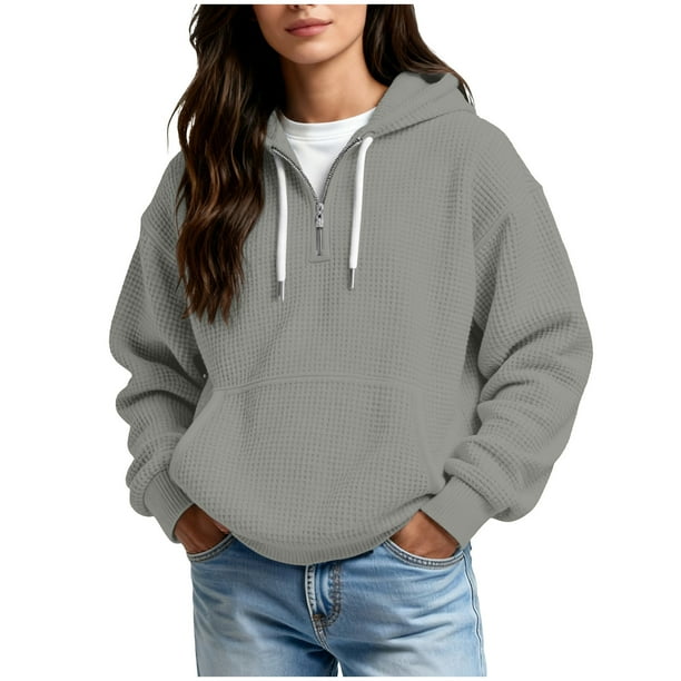 Ounisa Womens Hoodies Casual Long Sleeve Drawstring Waffle Pullover Tops Loose Hooded Sweatshirt with Pocket