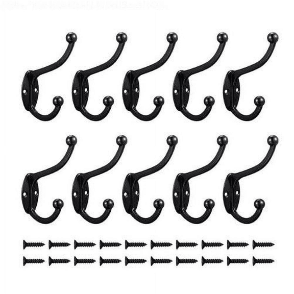 10 Pack Heavy Duty Vintage Metal Wall Mount Coat Hooks Double Prong With 20 Screws For Hats Bags Towels Keys