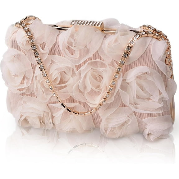 Women Rose Clutch, Evening Bag with Chain, Floral Purse for Wedding, Prom, Party
