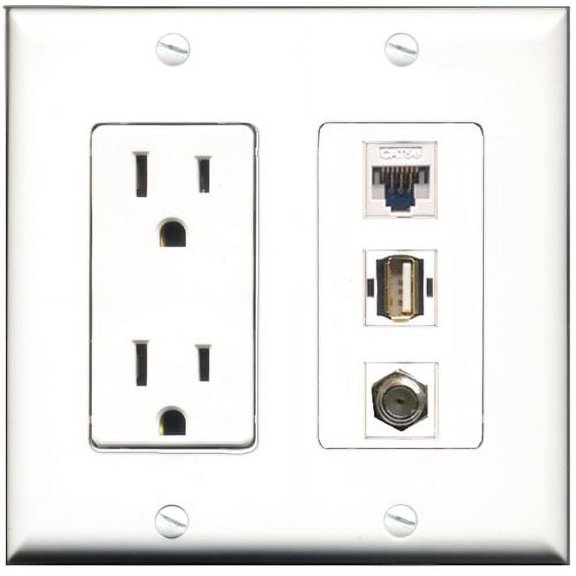 RiteAV - 15 Amp Power Outlet 1 Port Coax 1 Port USB A-A 1 Port Cat5e Ethernet White Decorative Wall Plate