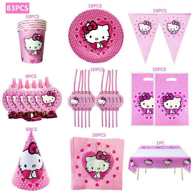 Bolsas de regalo de Hello Kitty para 20 personas, embalaje de papel de dibujos animados de gato, globos de cumpleaños, decoración de fiesta de cumpleaños para niñas