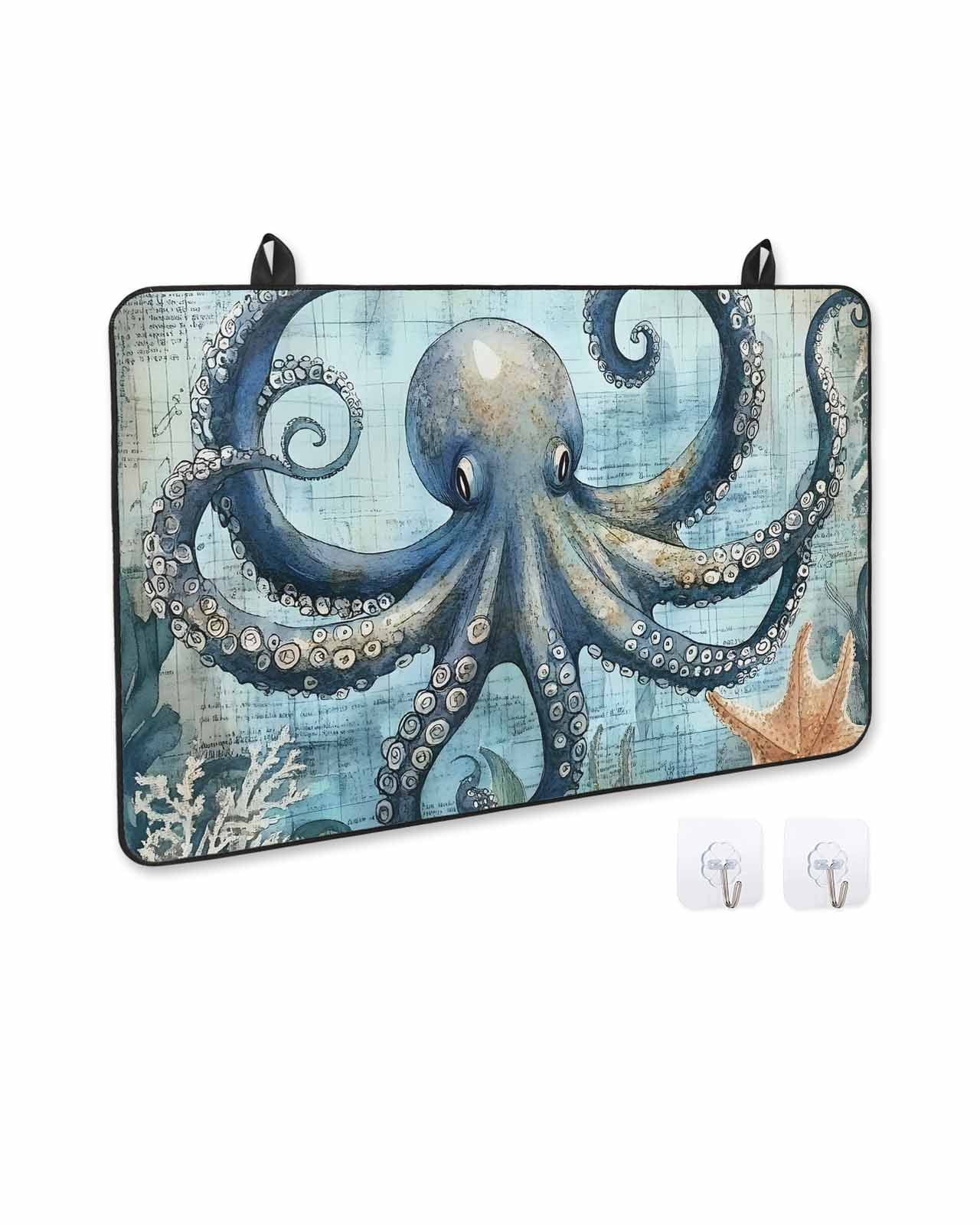 nqOlkjepod Large Induction Cooktop Protector Mat 31"x24", Ocean Octopus Stove Top Covers for Electric Stove, Vintage Coastal Watercolor Starfish Coral Stove Burner Cover Mats, Glass Top Stove Cover