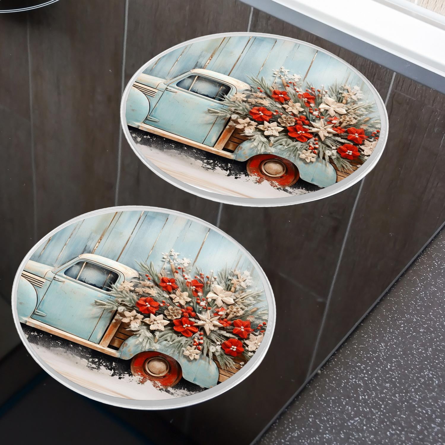 Round Stove Burner Covers 4 Pcs Metal Electric Stove Burner Covers 8Inch And 10Inch ,Blue Wooden Christmas Truck Poinsettia illustration