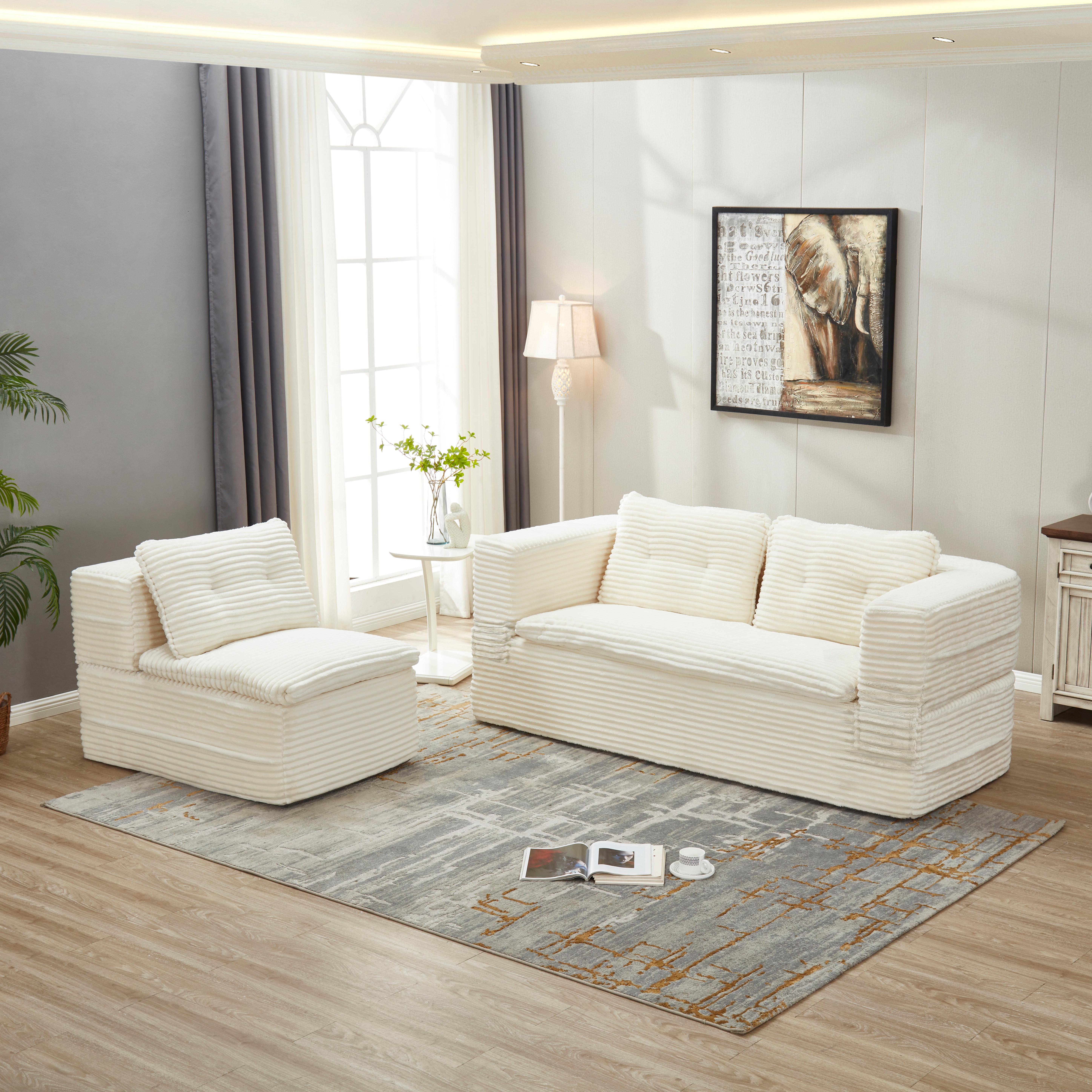 Anpport 80" King Size Convertible Sectional Sofa Bed, Plush Corduroy Deep Seat Couch with Chaise Lounge and Blanket, for Living Room Apartment, Beige